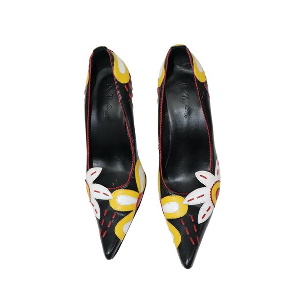 MIA RARE Y2K Flower Power Leather pumps Yellow Red White Flowers 8 M - Picture 4 of 6
